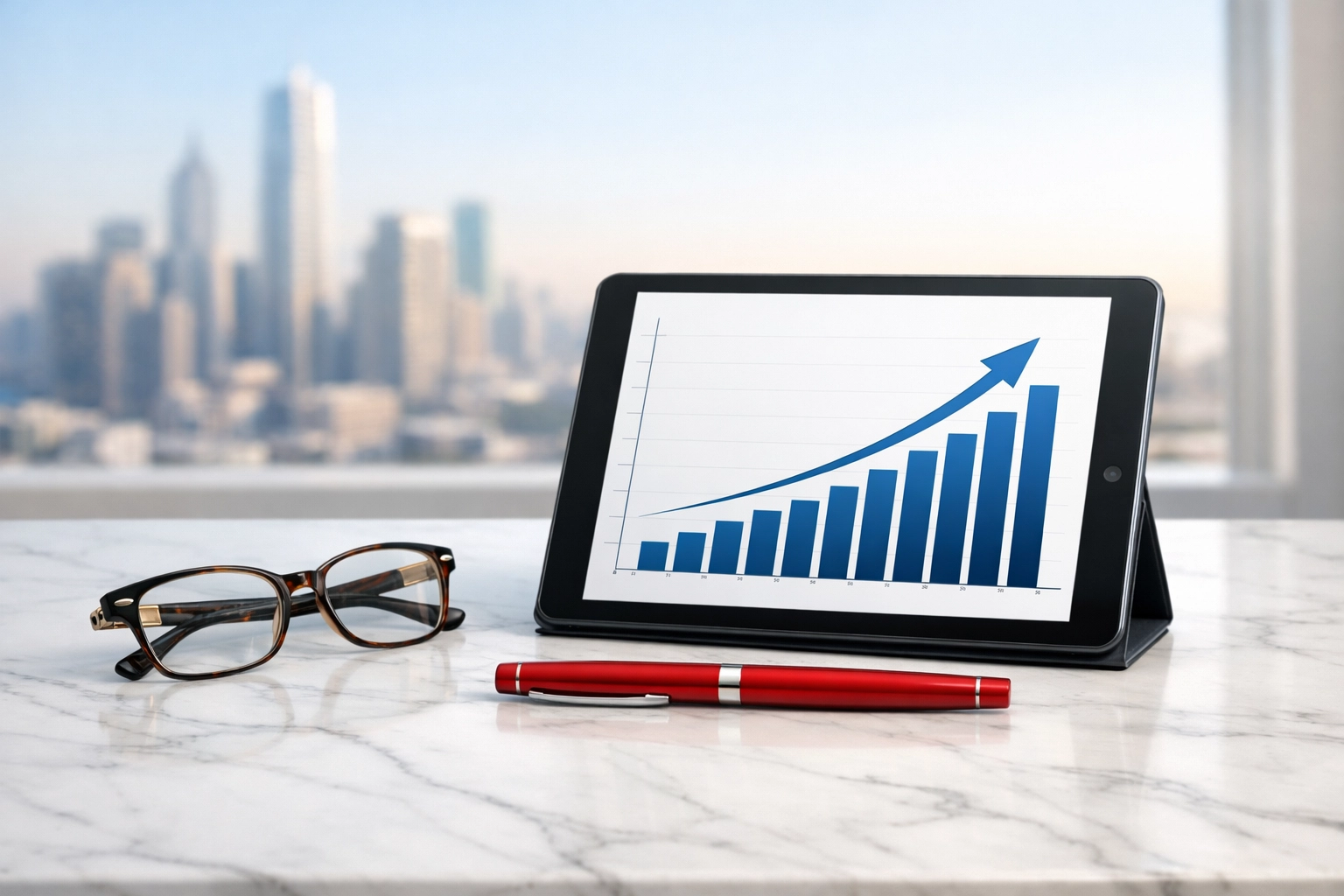Professional office setting with a growth chart illustrating a stable retirement income strategy.