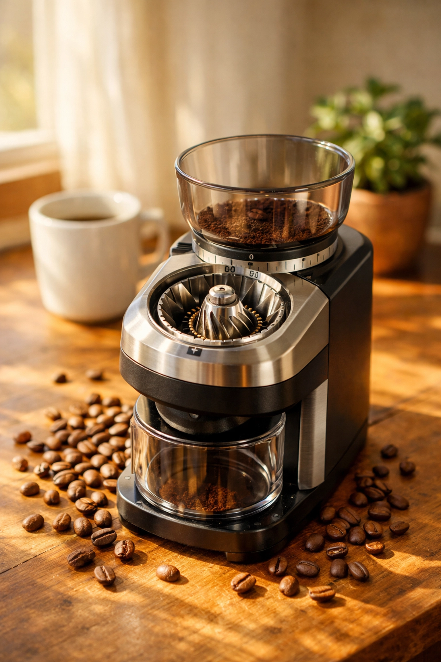 Quality burr coffee grinder with whole beans on wooden counter for home brewing