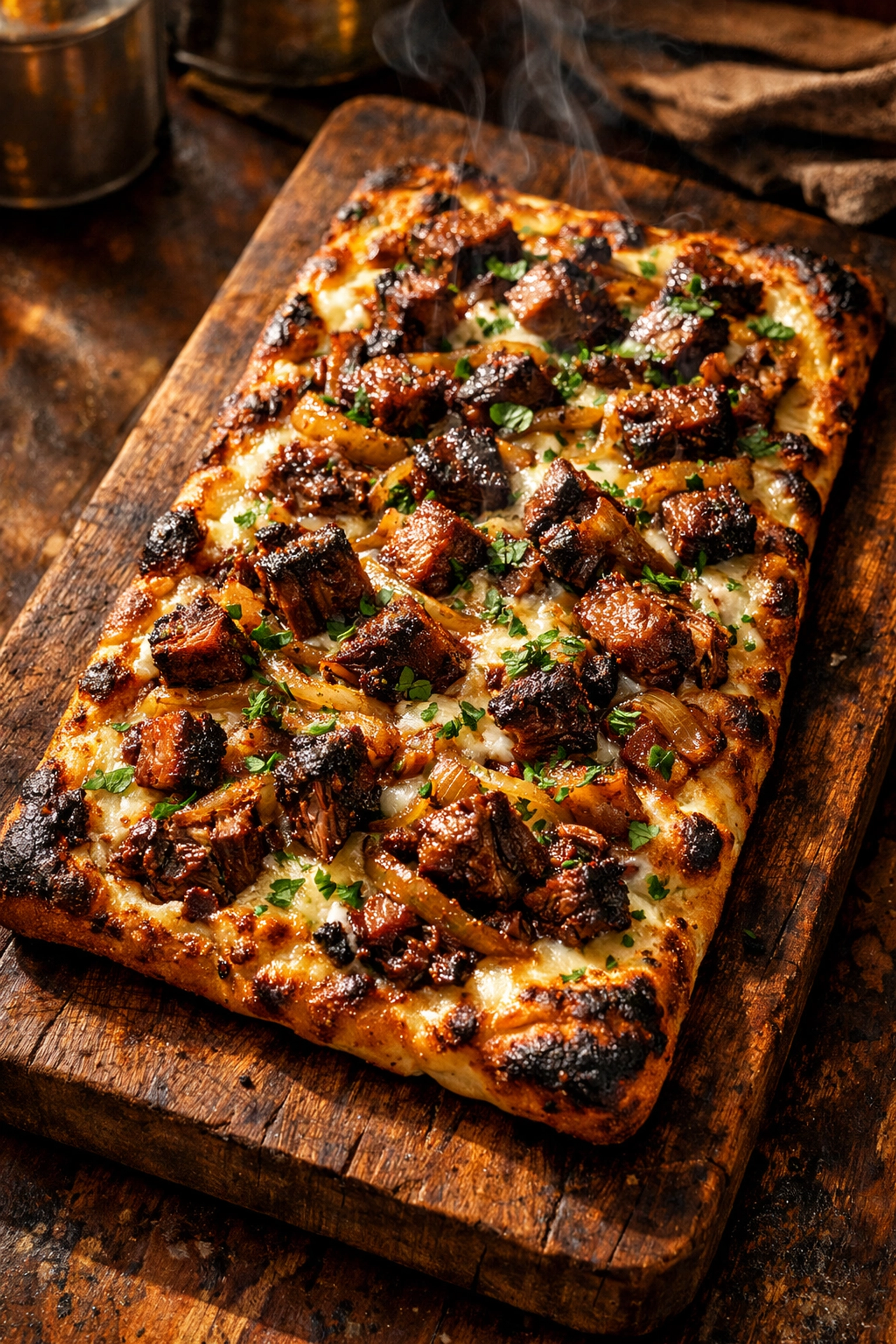 Rectangular artisan flatbread loaded with BBQ brisket, camelized onions, and melted cheese on cutting board