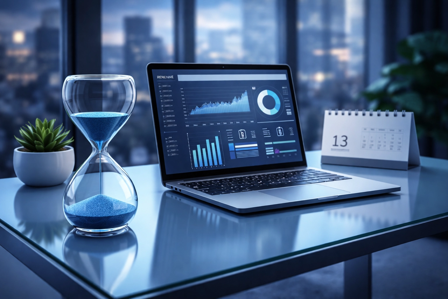 Hourglass and financial dashboard representing 13-week planning