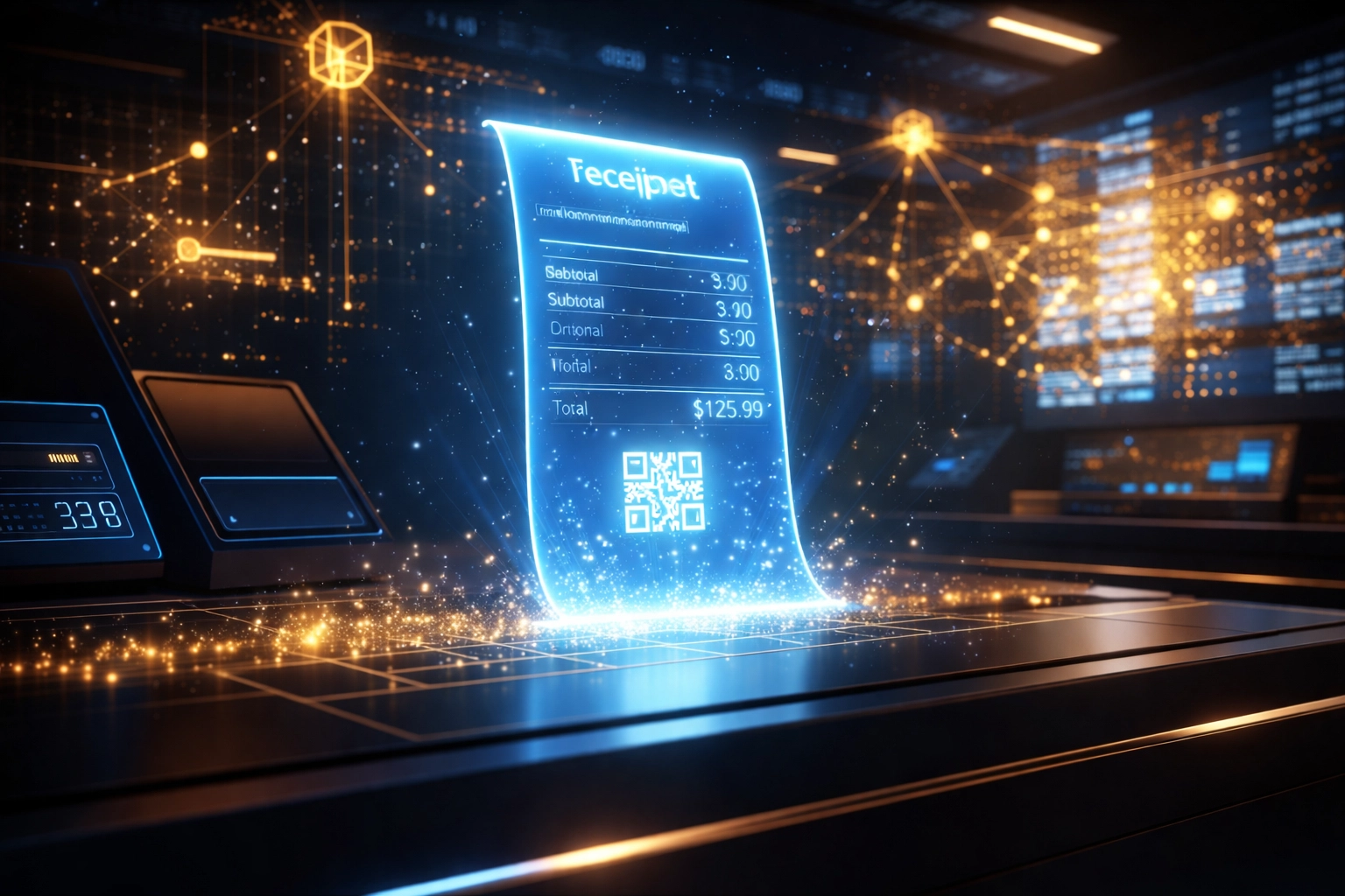 Holographic NFT receipt above merchant counter illustrating blockchain transparency in Web3 crypto payments.