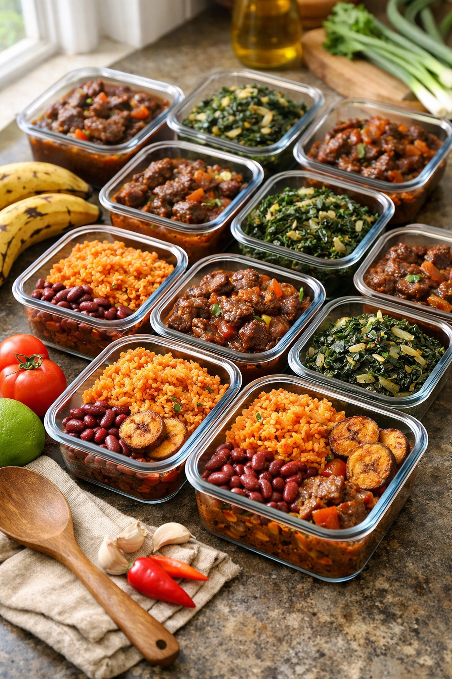 Meal prep containers filled with Caribbean dishes including Jollof rice and stews