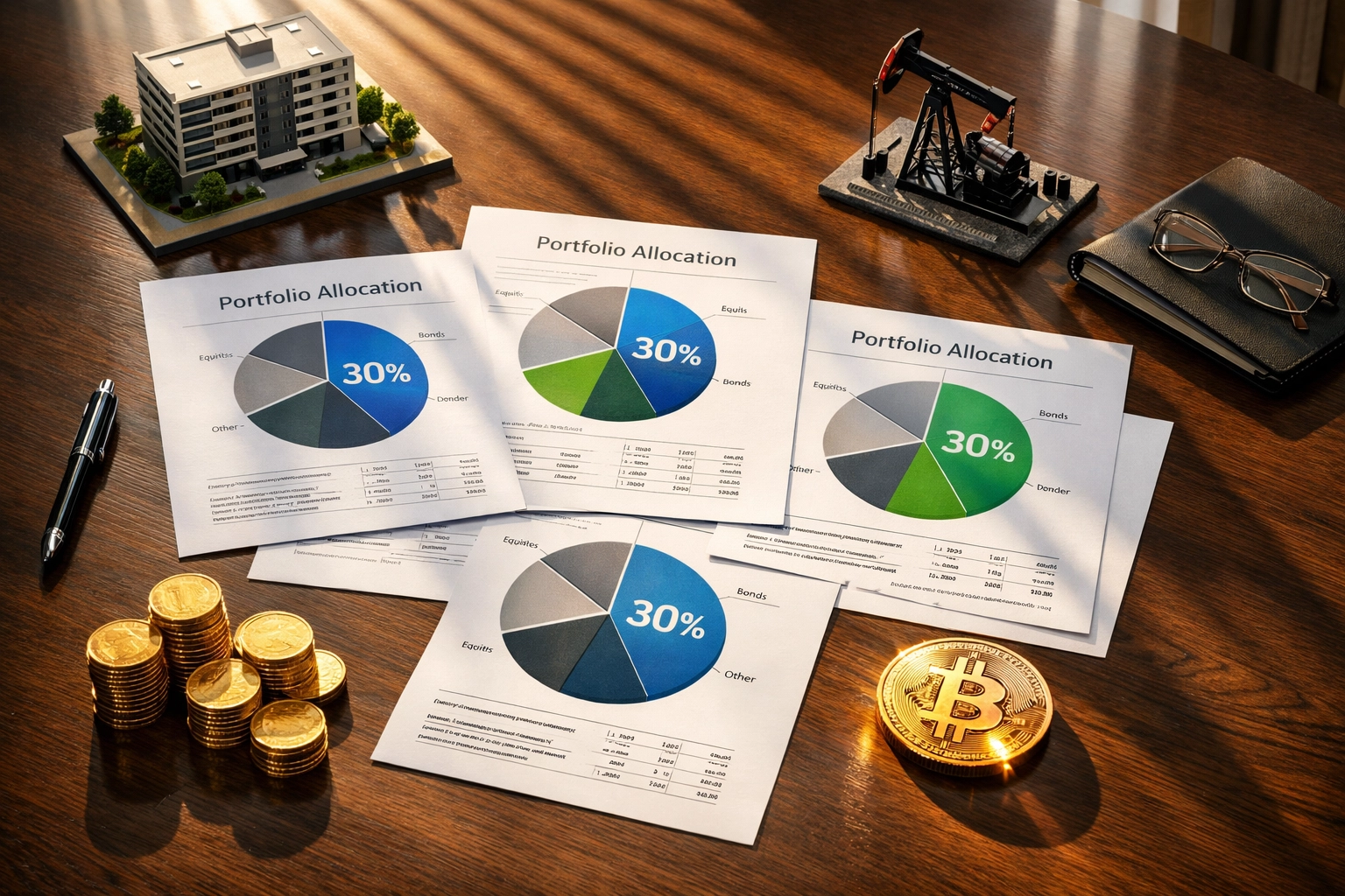 Institutional portfolio allocation breakdown with Bitcoin, real estate, and alternative investments