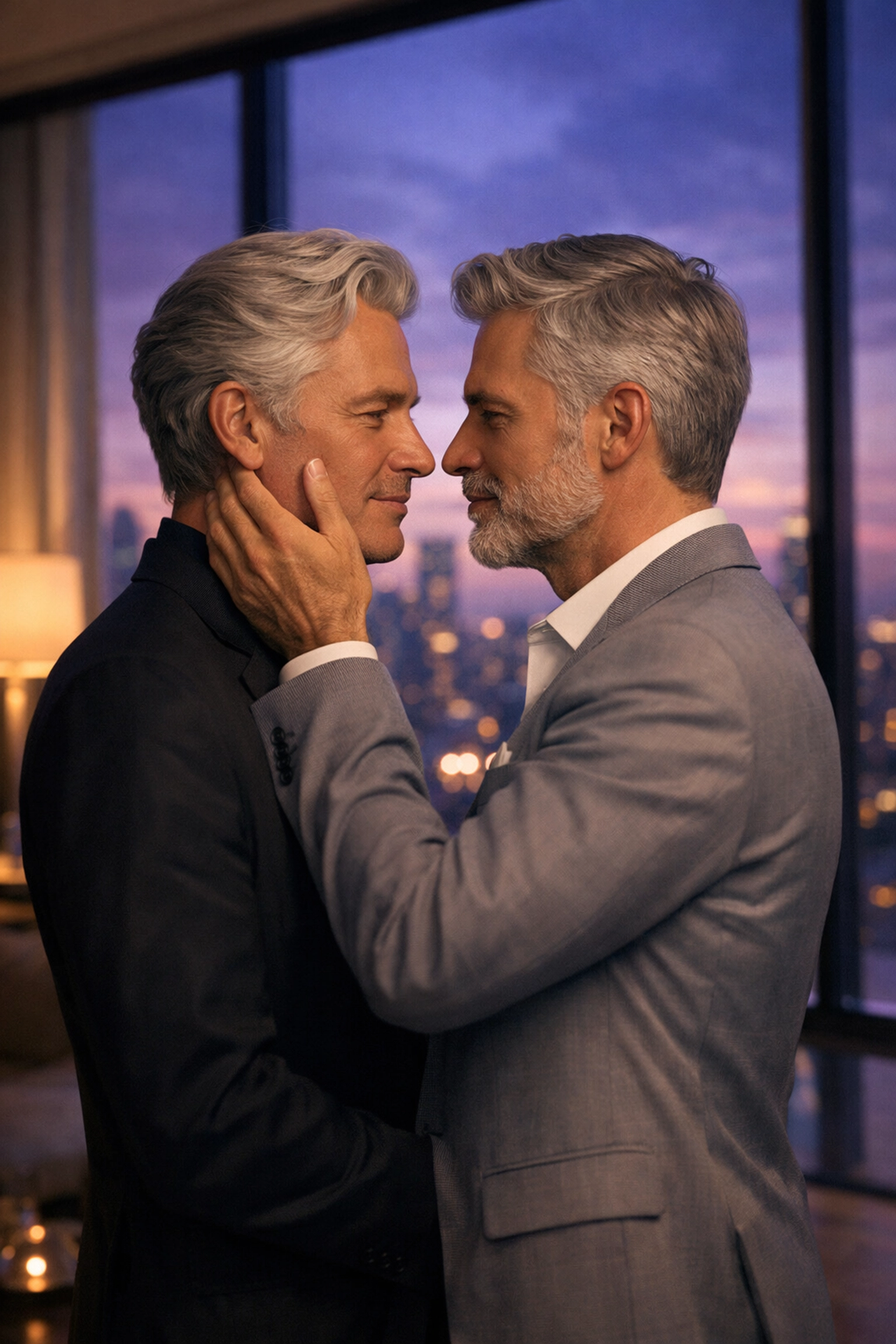 Silver fox gay romance: two distinguished men in an intimate embrace at twilight