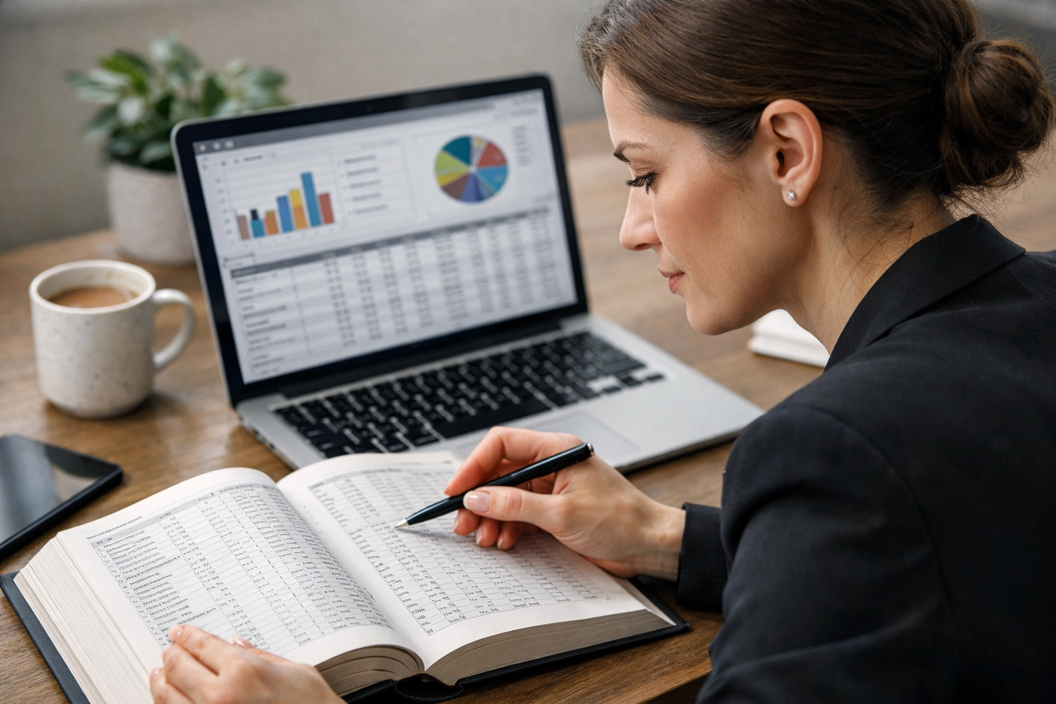 A professional woman verifying AI-generated data and sources using a laptop and reference book.