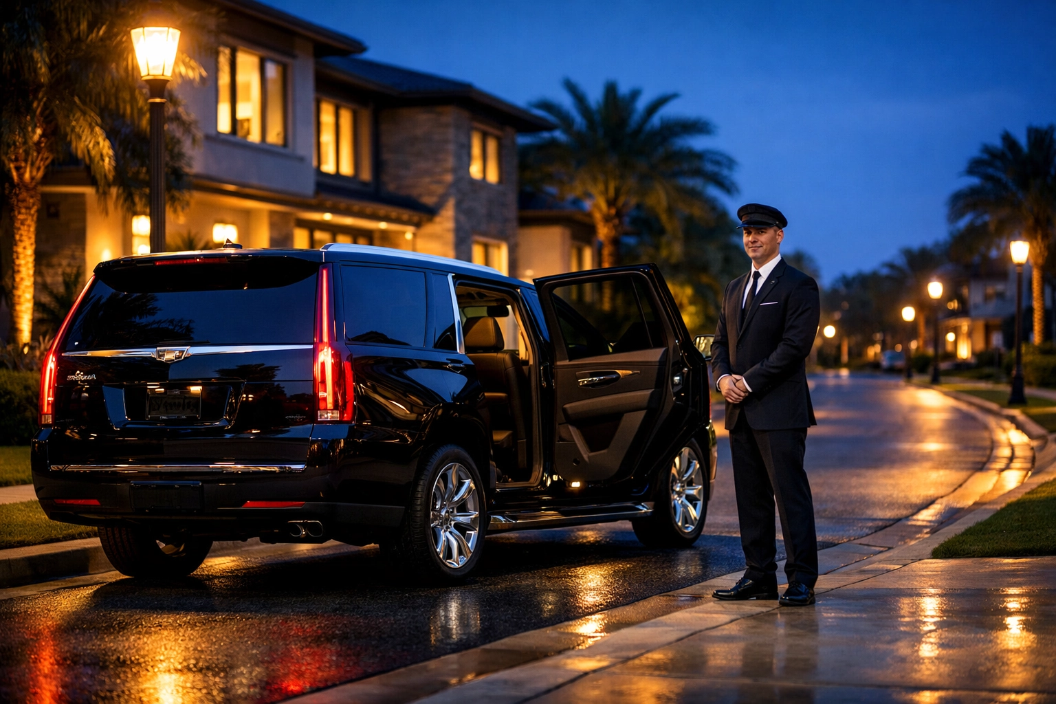 Professional chauffeur and luxury black SUV waiting for an early morning airport transfer to TPA at a Tampa residence.