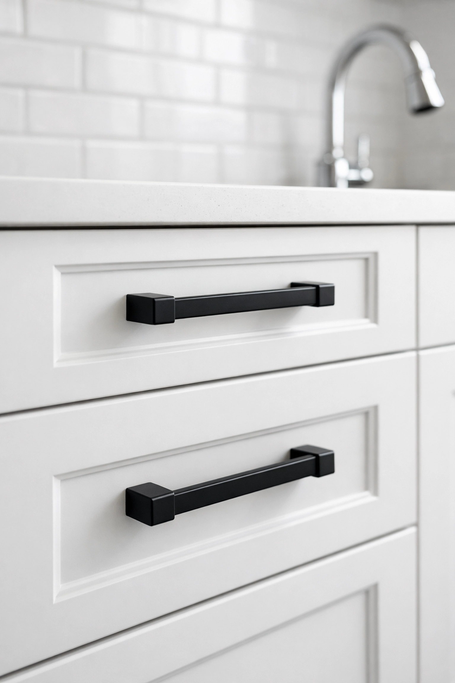 Updated kitchen cabinets with modern hardware and shaker drawers to increase home value.