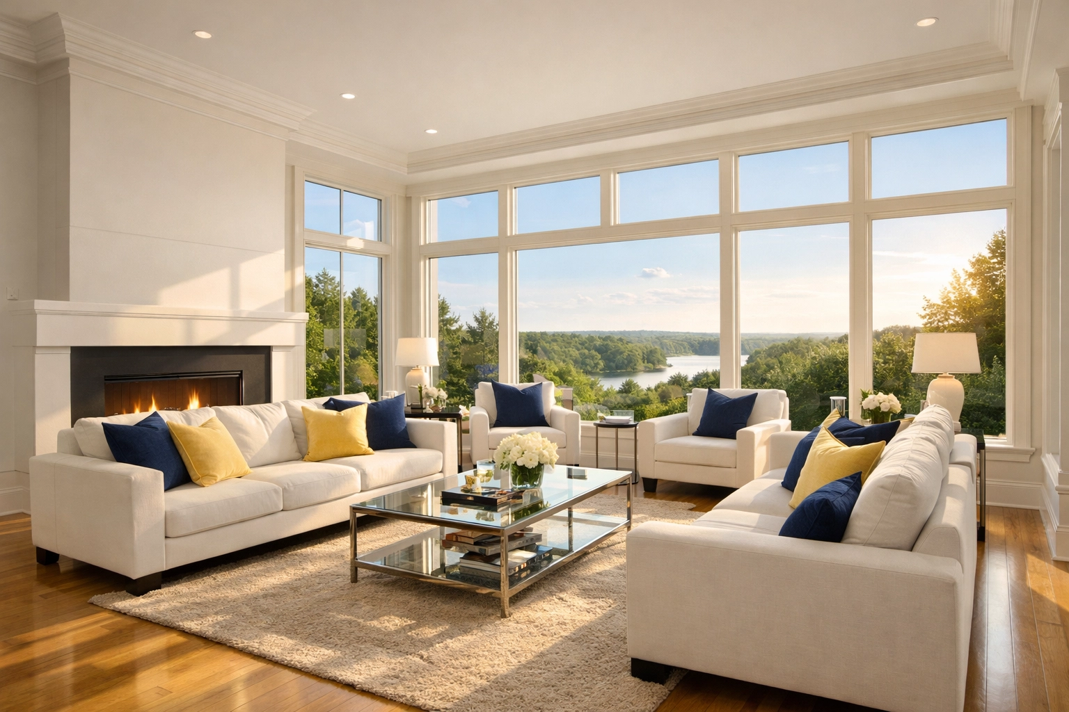 Impeccably clean high-end living room in Westford, Massachusetts after professional house cleaning.