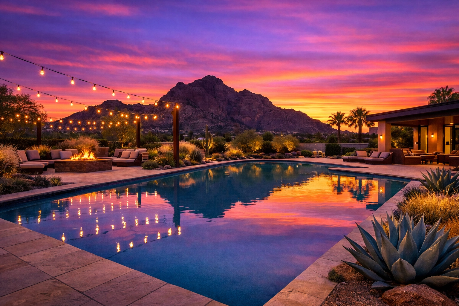 Luxury Phoenix home backyard with a swimming pool and sunset view of Camelback Mountain.