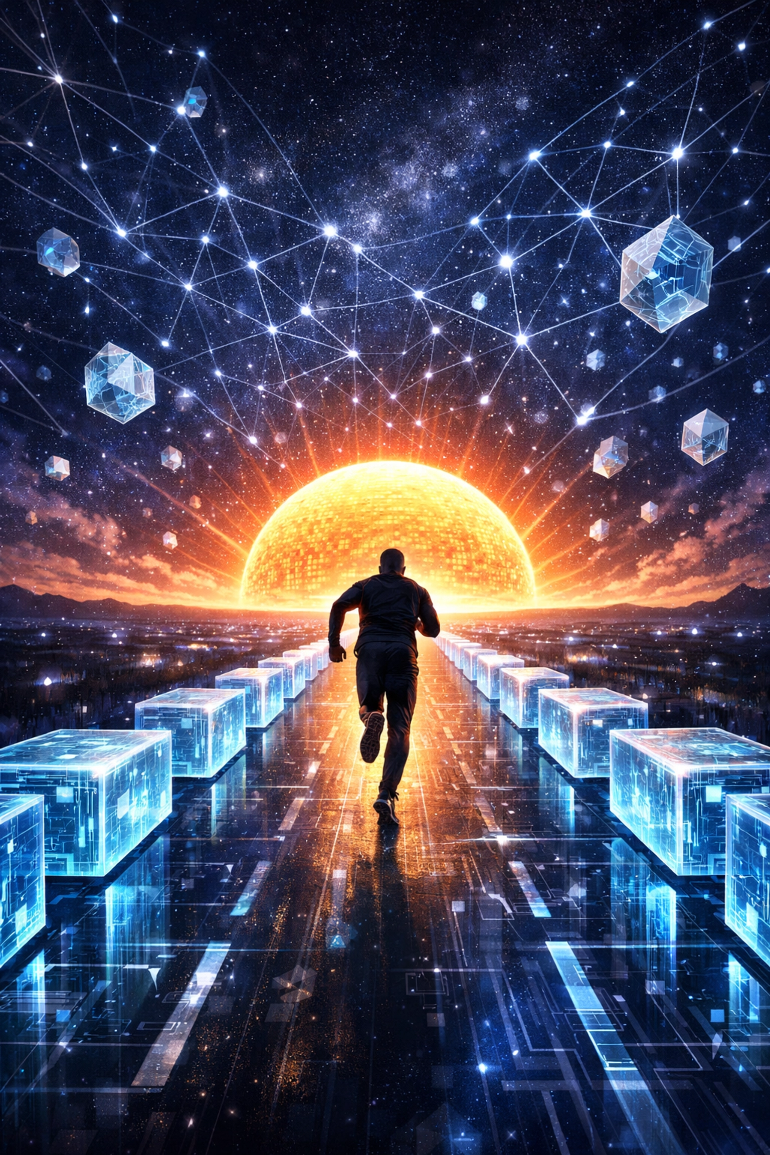 A person running on a blockchain highway toward a digital sunrise, symbolizing the Larecoin 10-year roadmap.