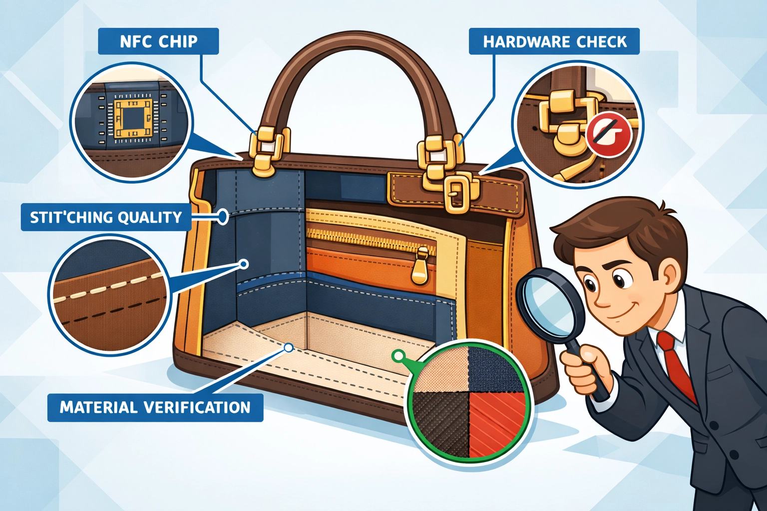 Luxury handbag cross-section showing NFC chip and expert authentication inspection points