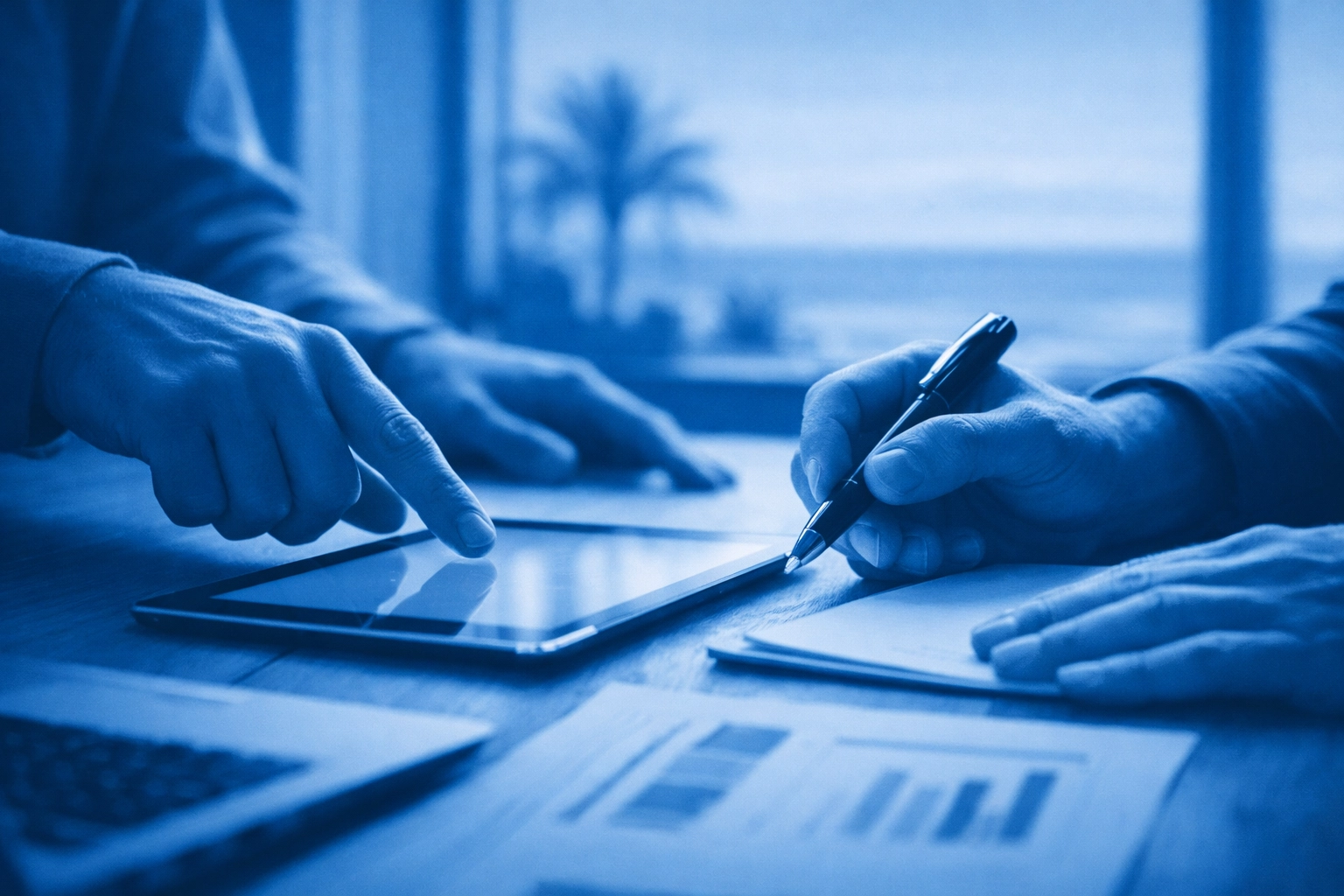 Business collaboration in a coastal office, highlighting personalized IT expert service and partnership.