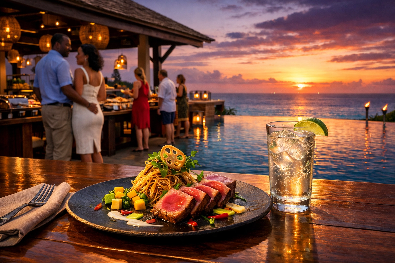 Luxury dining at an all inclusive resort restaurant with an infinity pool and ocean view at sunset.