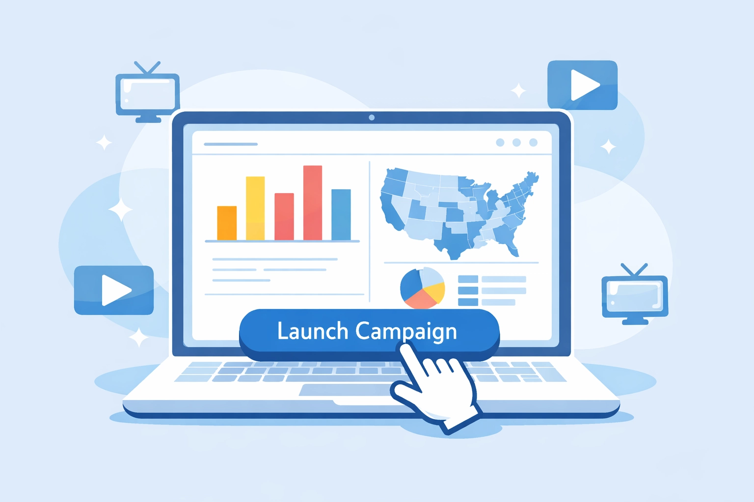 Self-serve political advertising platform dashboard with launch campaign button and streaming icons
