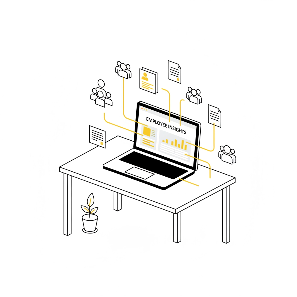 Laptop on a desk showing "Employee Insights." Yellow lines connect to icons of people and documents. Small potted plant nearby. Minimalist design.
