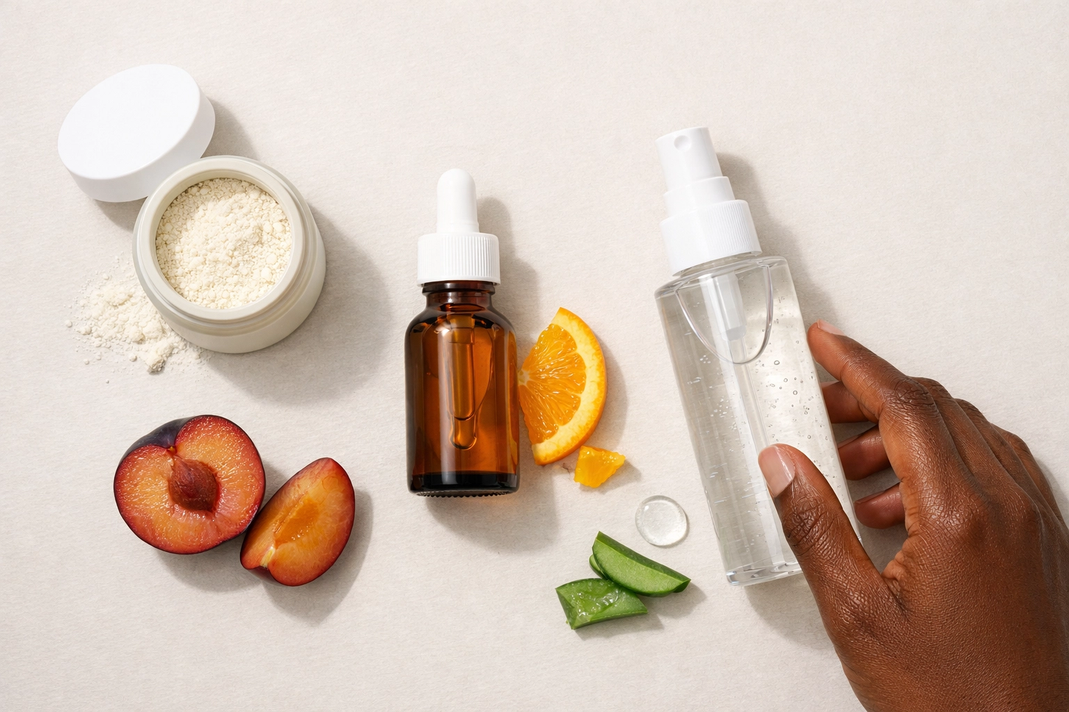 Minimalist flat-lay of Kakadu plum and serum bottle for a natural, pro-aging skincare routine.