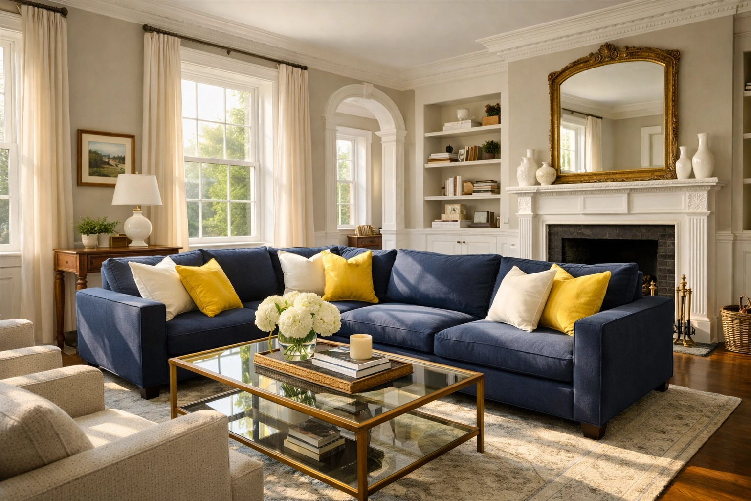 Sun-drenched Worcester living room featuring a clean blue sofa after professional house cleaning.