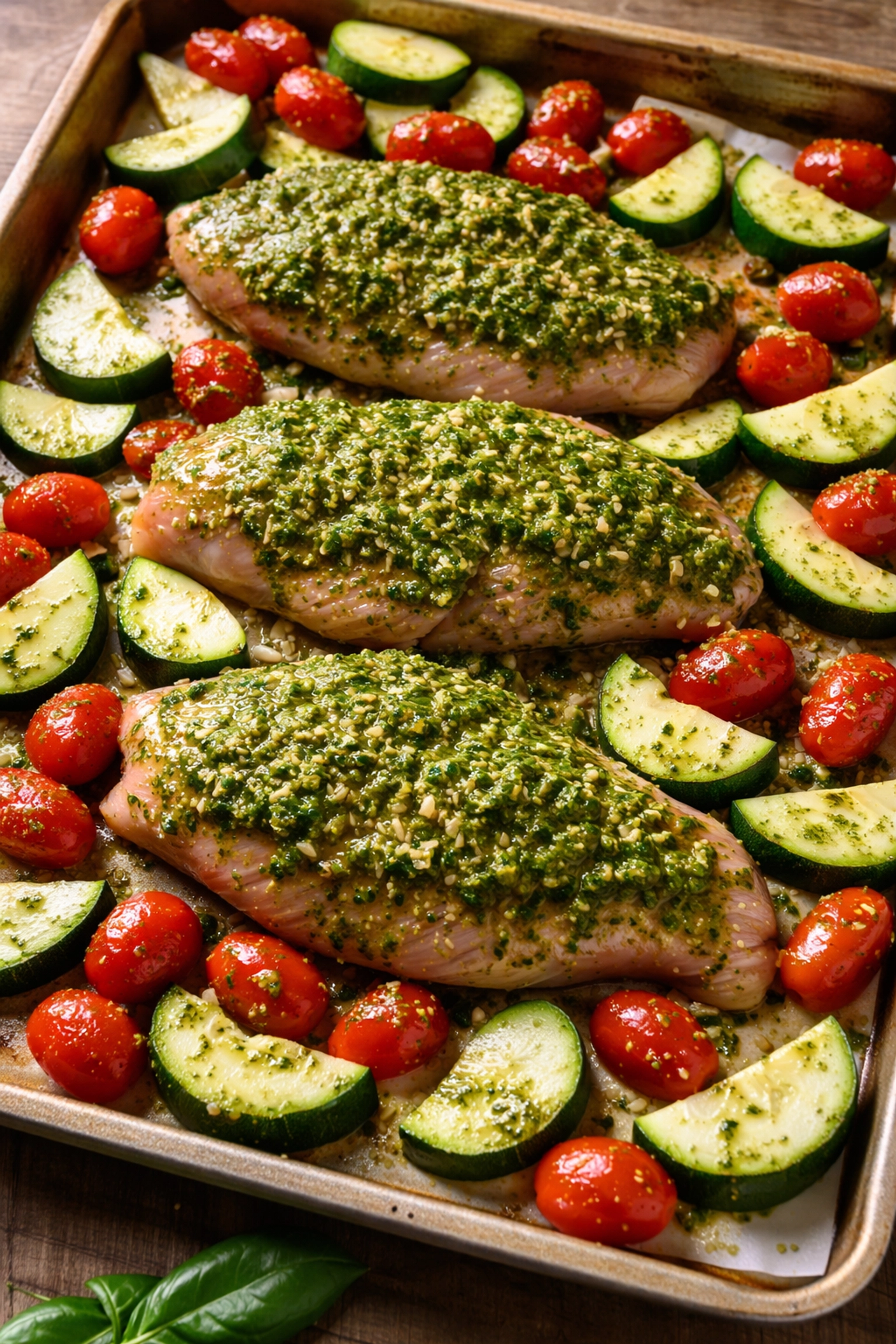 Pesto chicken on pan