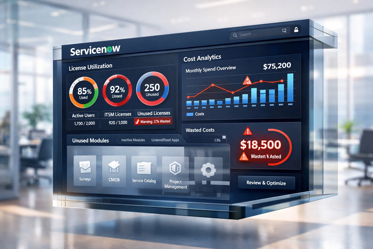 ServiceNow dashboard displaying license utilization metrics and hidden cost waste indicators