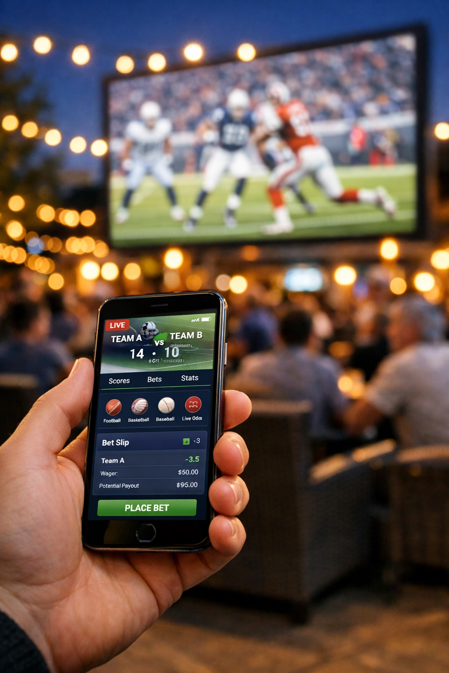 Fan using a smartphone in front of a large outdoor sports screen, demonstrating omnichannel marketing synergy.