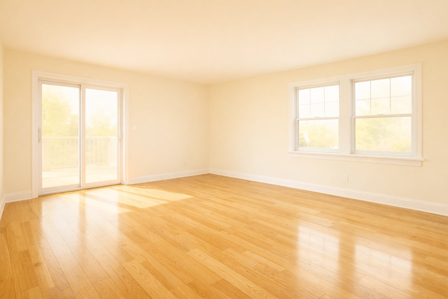 A spotless, sun-filled empty living room in Waterloo, IA, showcasing professionally cleaned hardwood floors.