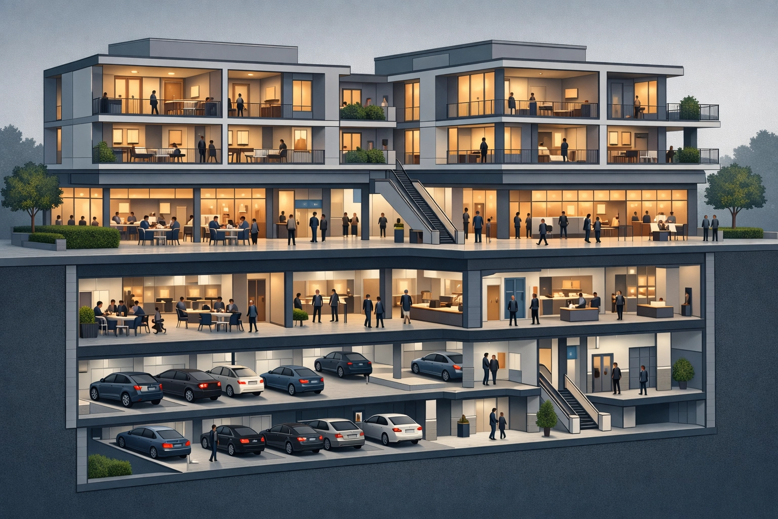 Modern mixed-use real estate development showing multifamily and retail syndication opportunities