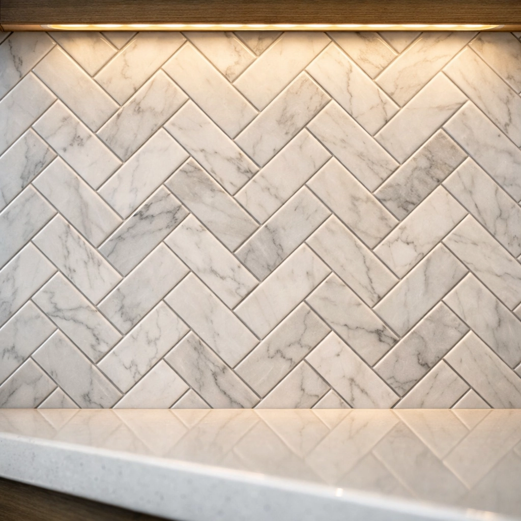 Expert white marble herringbone tile installation in a luxury Orlando kitchen renovation.