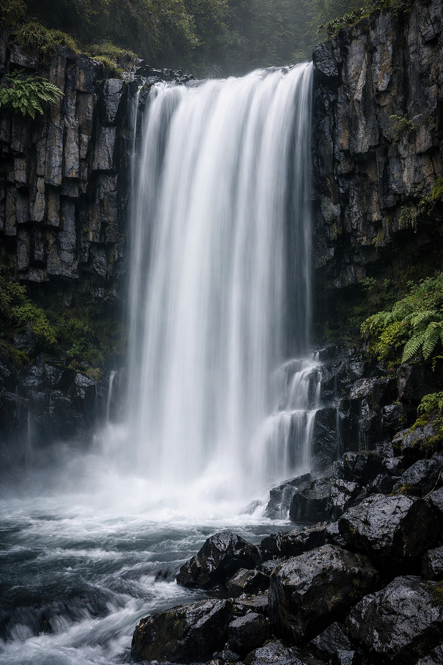 Long exposure water photography of a waterfall cascading over mossy rocks and basalt columns.