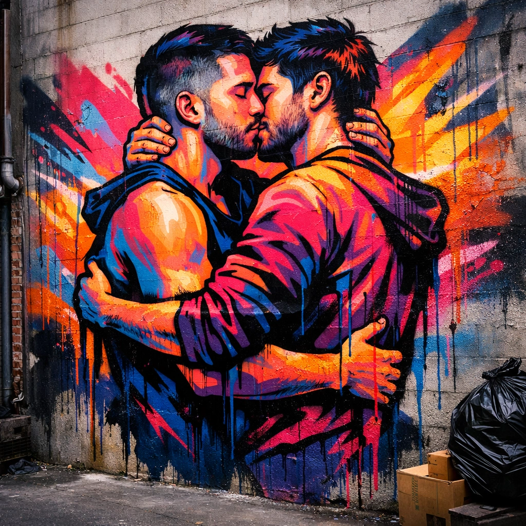 Gay street art mural showing two men embracing on city wall