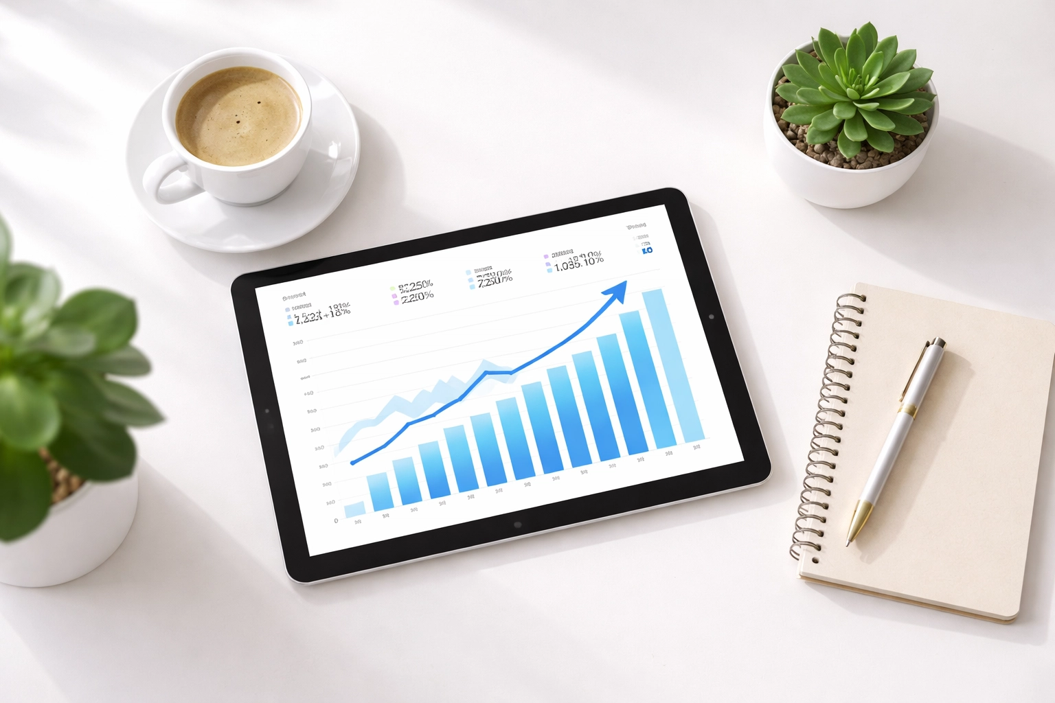Organized white desk with a tablet displaying rising analytics, reflecting ServiceNow CMDB integration success and workflow optimization.