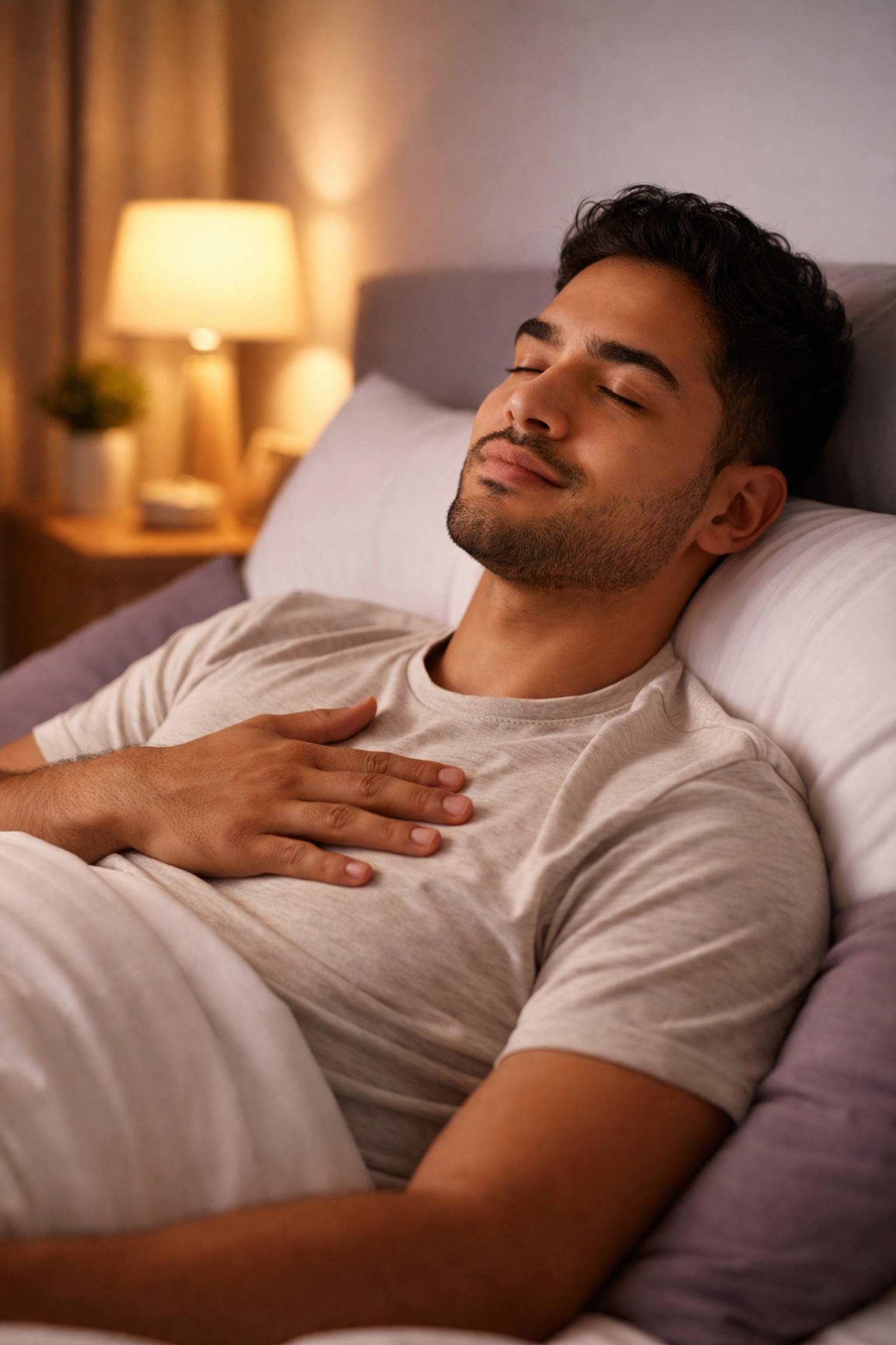Young Latino man lies in bed at night with hand on chest, demonstrating deep breathing to calm racing thoughts.