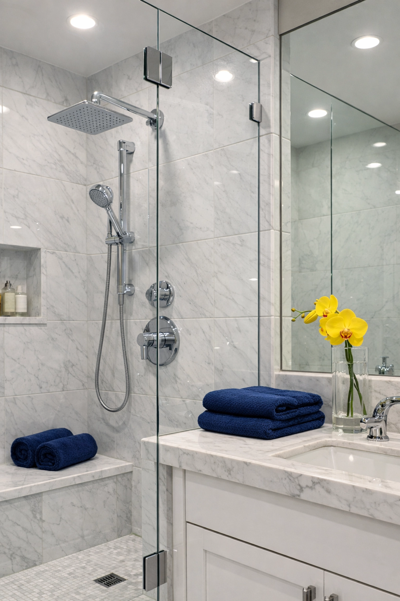 Sanitized luxury bathroom in Lowell featuring a streak-free glass shower and polished marble vanity.