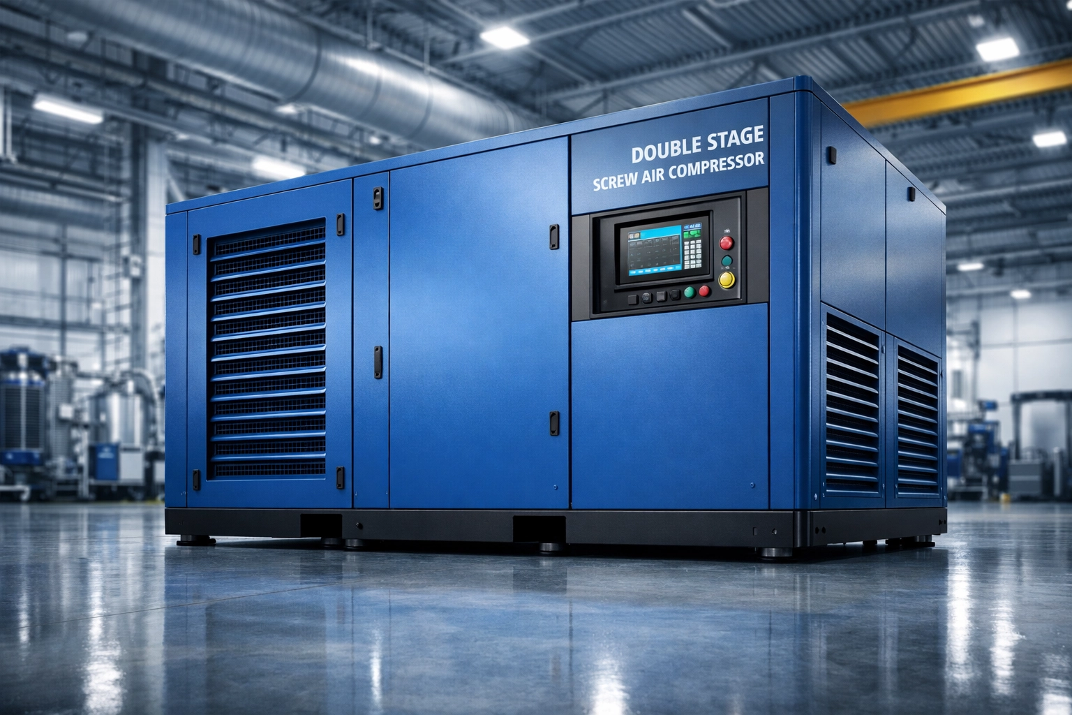 Industrial double-stage screw air compressor in a modern manufacturing facility for high-efficiency operation.
