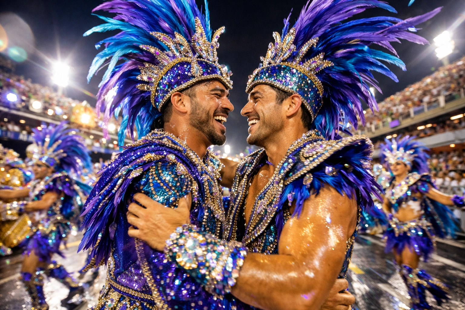 Gay couple dancing at Rio's Sambadrome parade in elaborate Carnival costumes