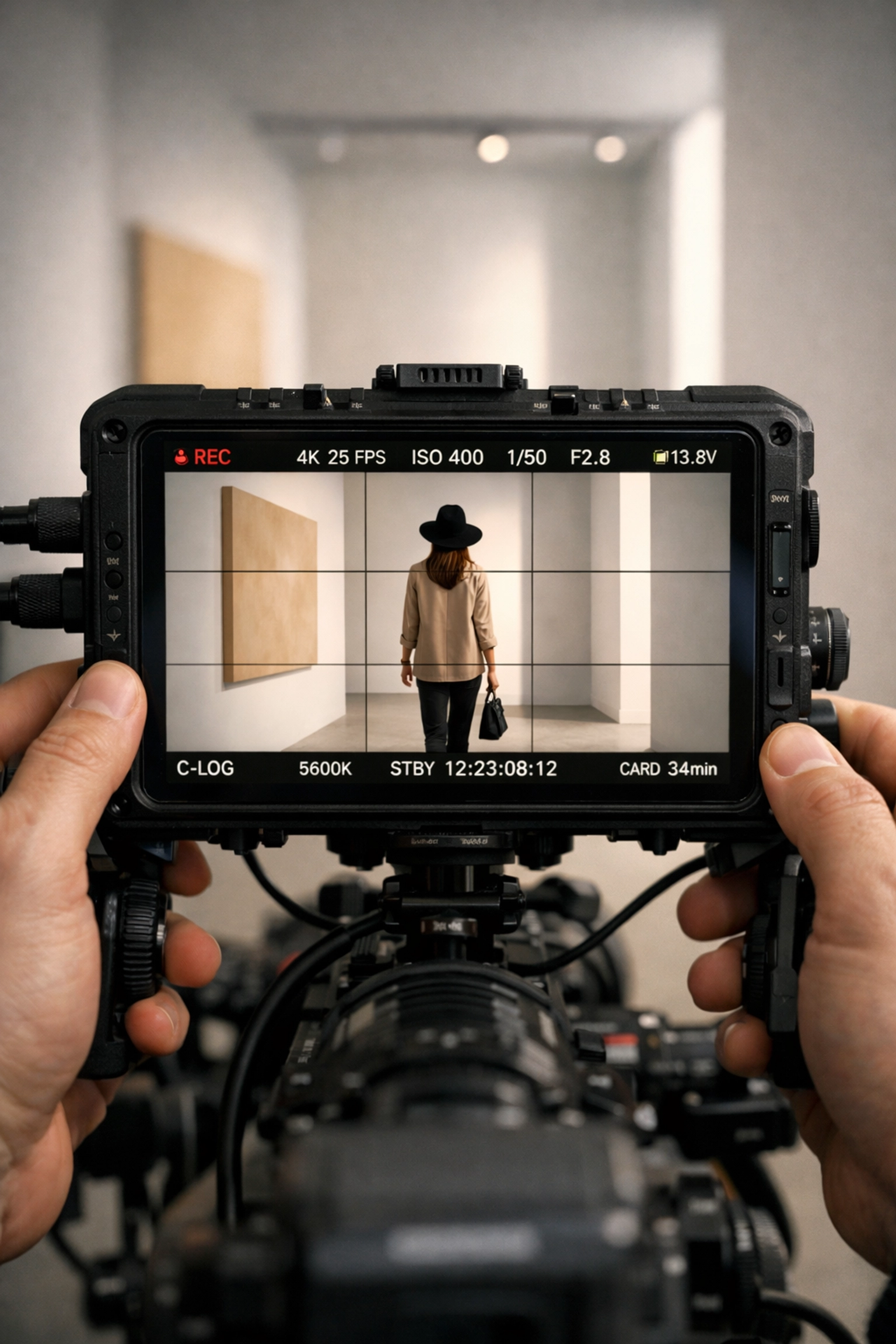 Professional videographer composing a vertical 9:16 shot on a field monitor—manual framing for Instagram Reels and TikTok to avoid auto-reframe cropping mistakes (videographer near me).