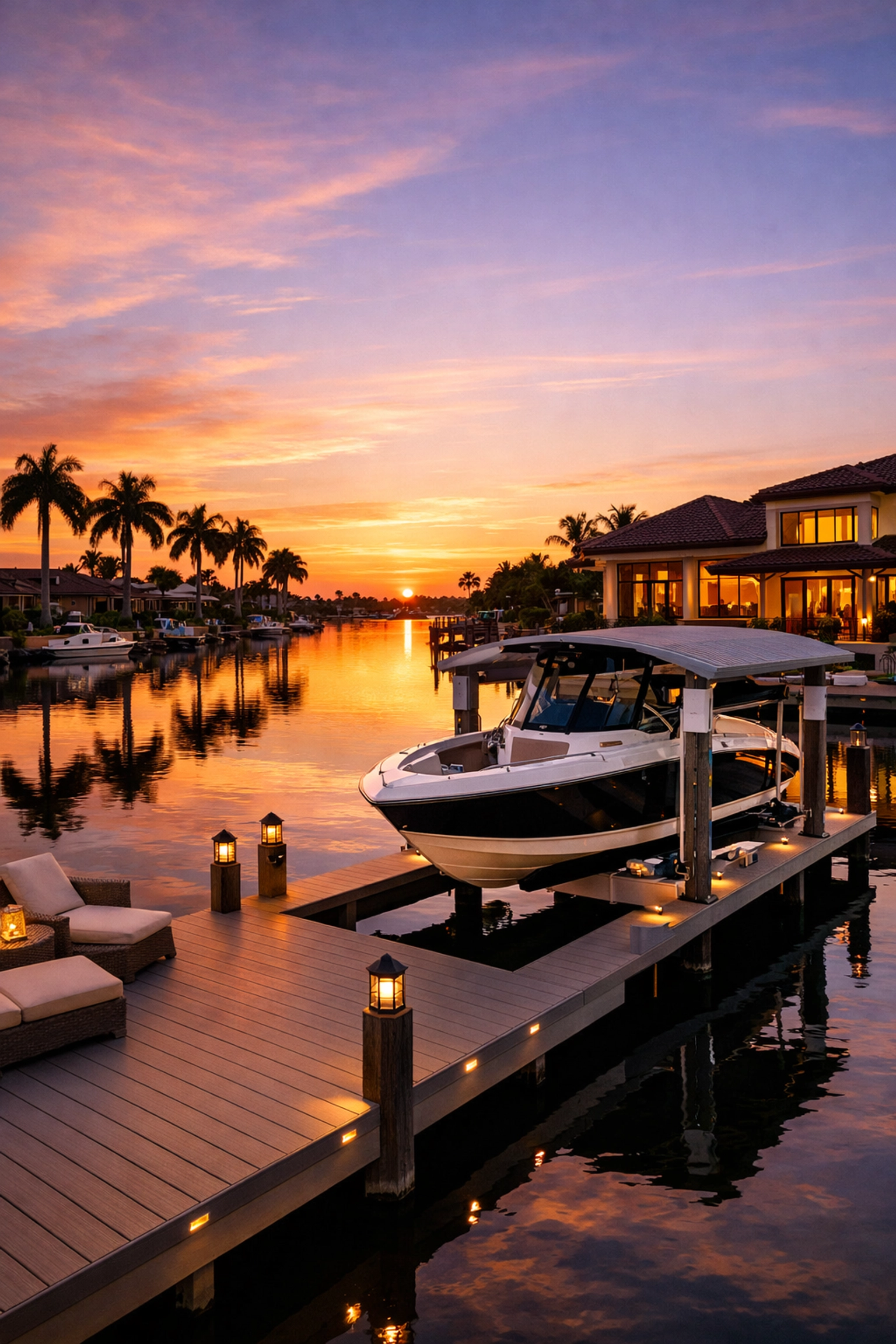 Luxury Cape Coral waterfront home with a professional boat lift and composite dock at sunset.