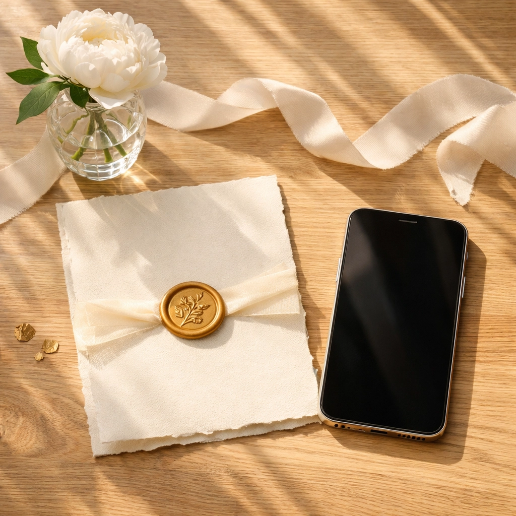 Elegant wedding invitation next to a smartphone showing digital RSVP options for a wedding fund.