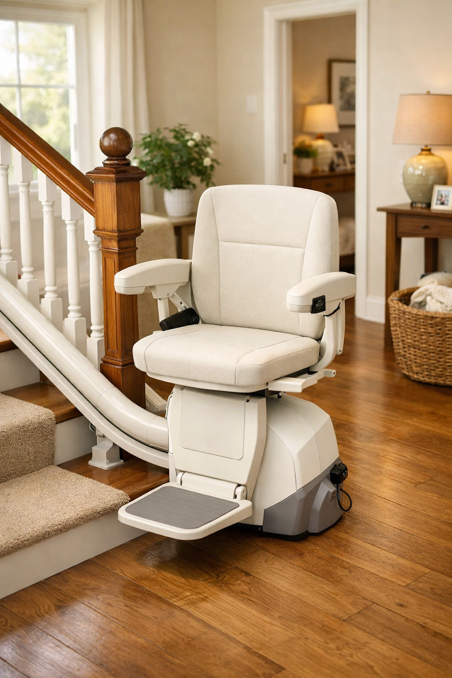 A comfortable motorized stairlift chair helping seniors move between floors safely.