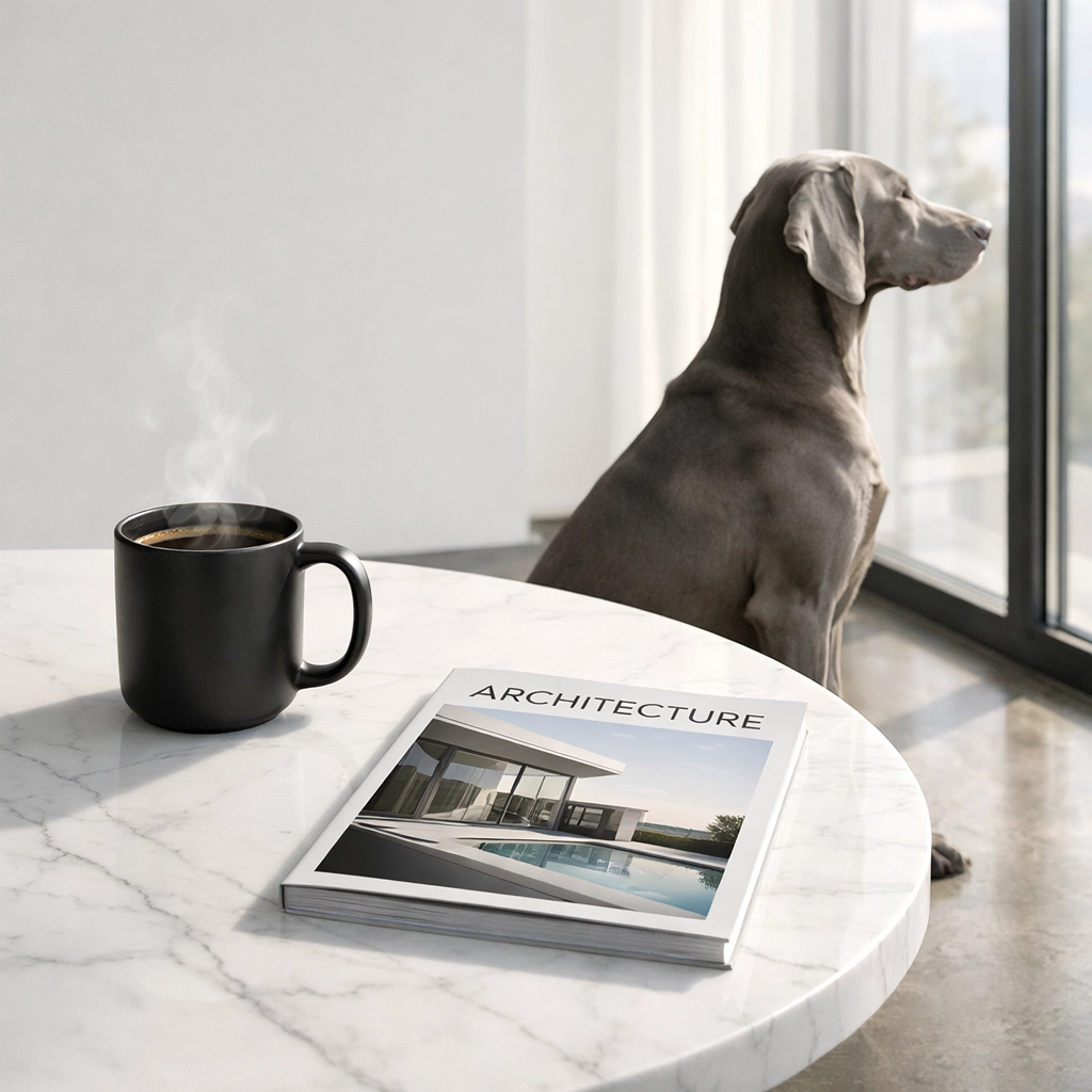 Minimalist Lee's Summit coffee shop table with a dog, ideal for reviewing home tour notes.