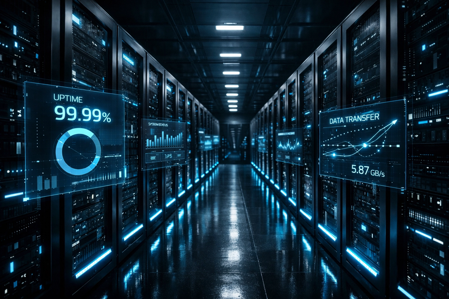 High-tech server room representing stable WordPress hosting and long-term agency support.