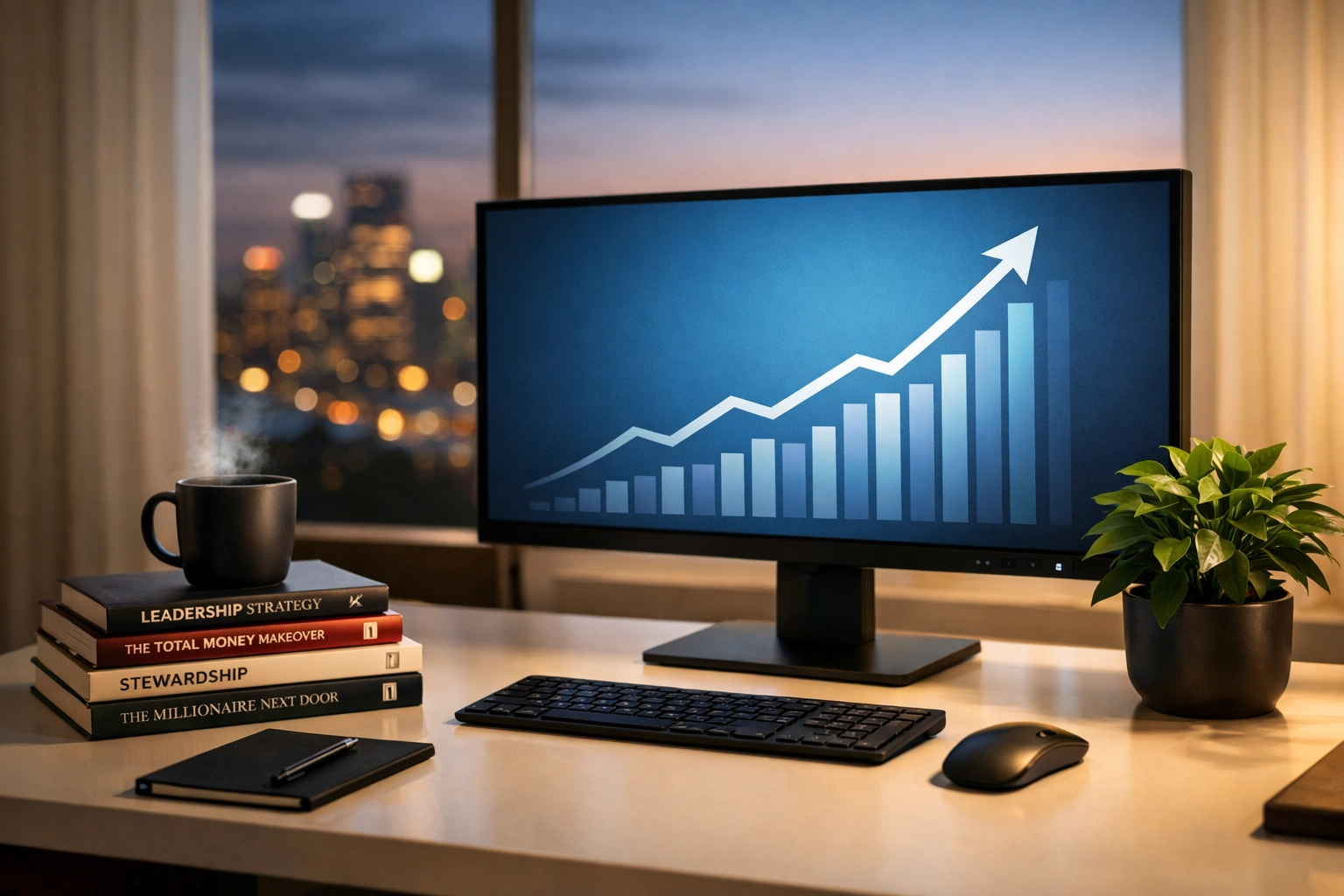 A home office command center showing an upward wealth growth chart and books on financial stewardship and strategy.