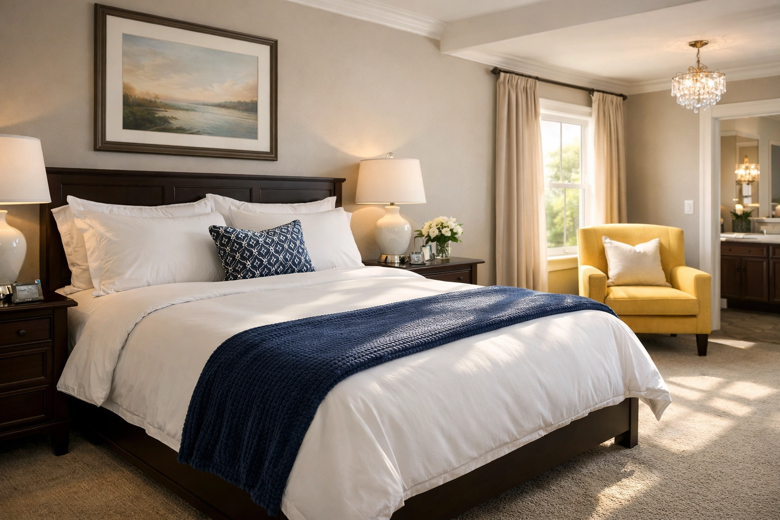 Meticulously cleaned master bedroom in Sterling, MA, featuring crisp linens and blue accents.