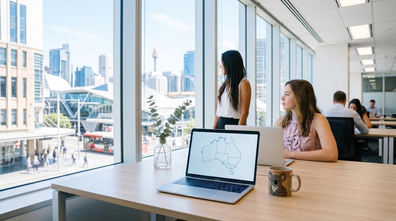 A professional Australian office setting with a blurred map of Australia, symbolizing the planning of a new life through skilled migration.