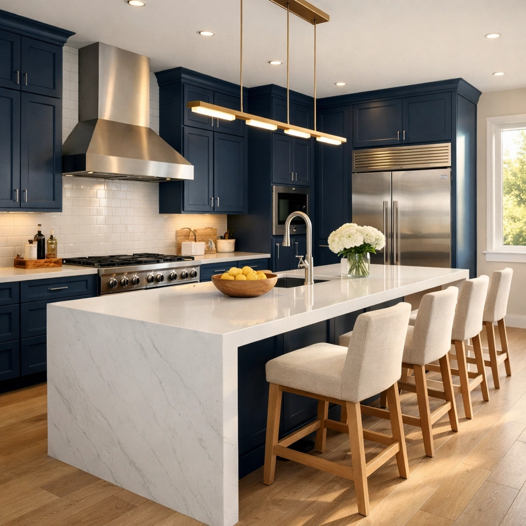 Luxury kitchen remodeling Orlando featuring a white quartz island and modern blue cabinetry.