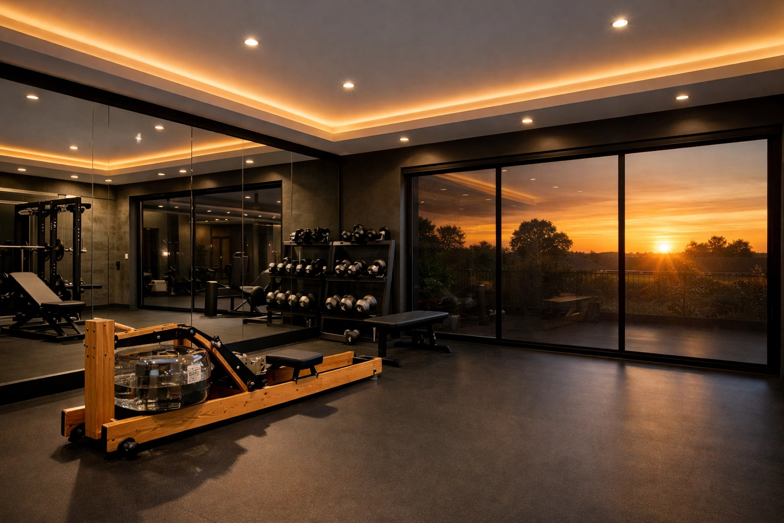 Private home gym garage conversion in Chichester featuring professional equipment and modern lighting.