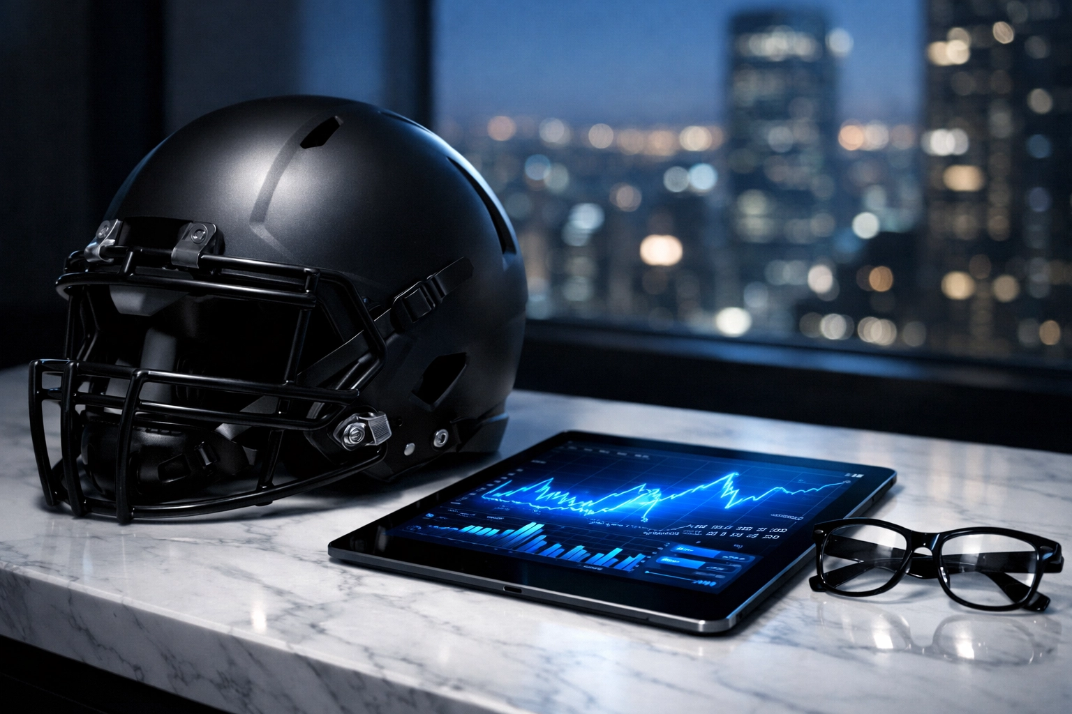 Black football helmet on a marble desk with a data tablet, representing the business side of NIL deals.
