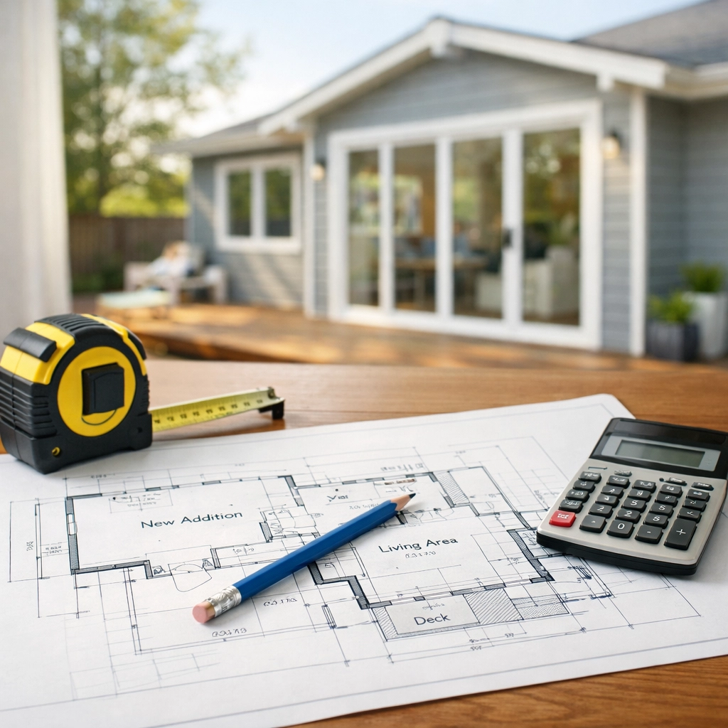 Room addition blueprints and planning materials on desk with finished home addition in background