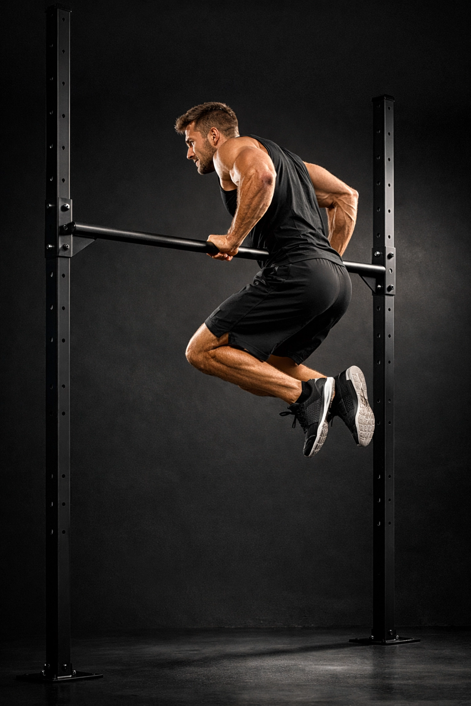 Athlete performing muscle-up on pull-up bar alternative floor-to-ceiling system