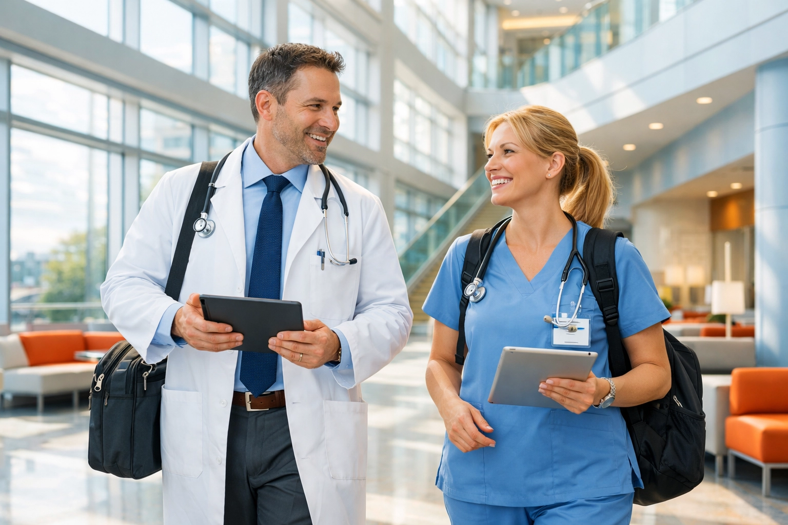 A locums physician and travel nurse in a hospital atrium representing workforce flexibility.