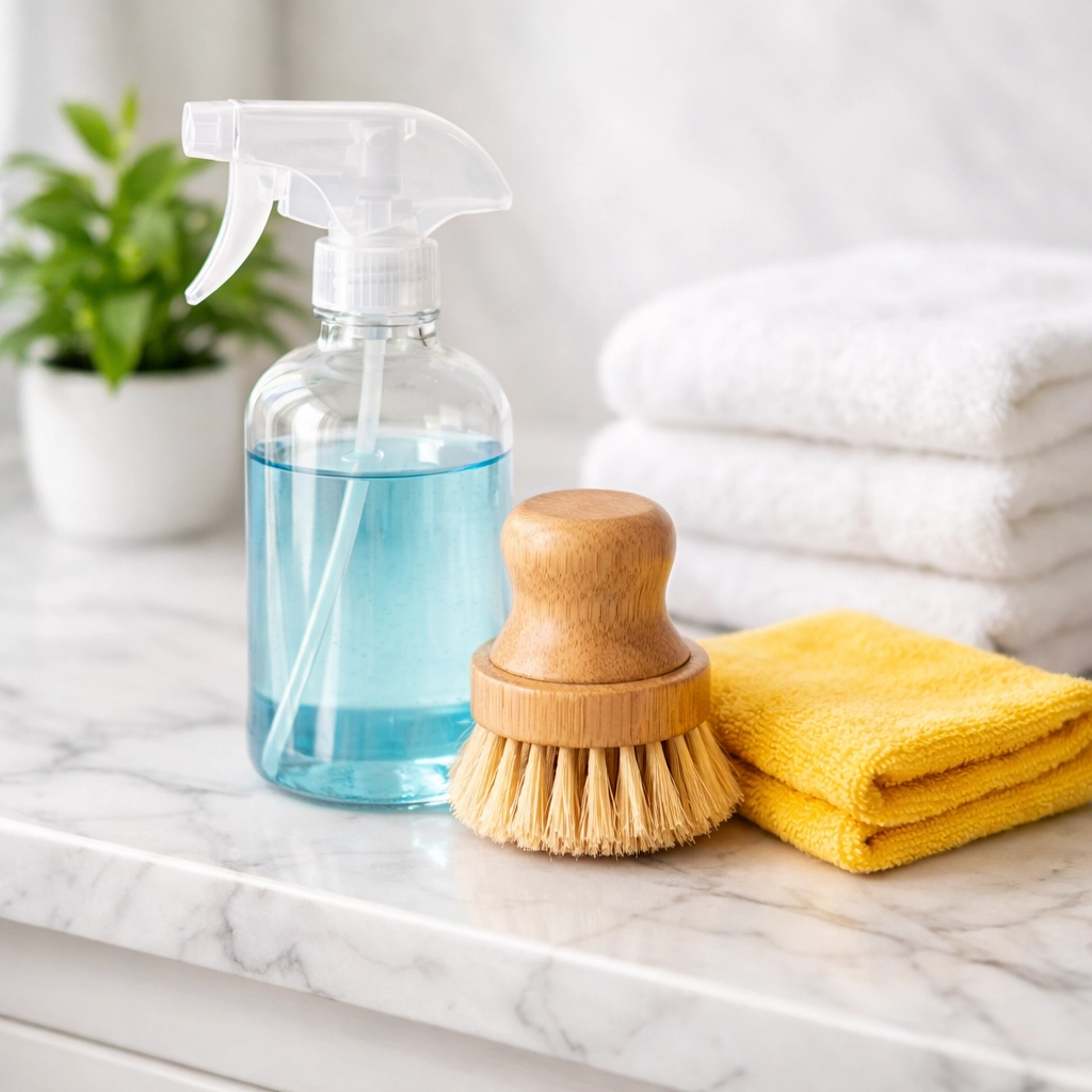 Eco-friendly cleaning products on a marble vanity for a sustainable Boston apartment turnover.